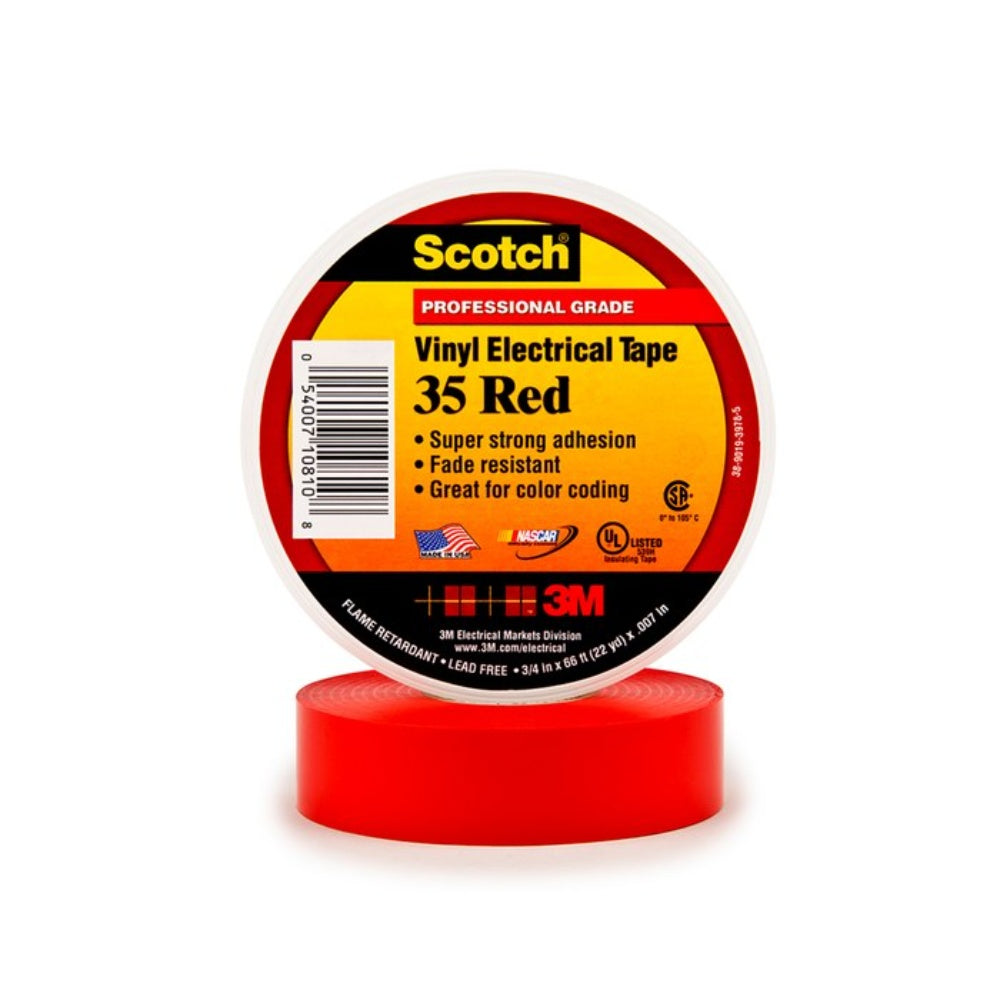 Tape, Electrical Insulating Tape, Red, 3/41Nch X 66 Feet, Thickness: 0.178 Mm, Vinyl, 600V, 3M, 35-10810.