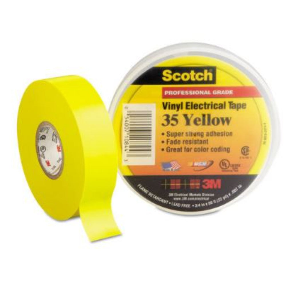 Tape, Electrical Insulating Tape, Yellow, 3/4
Inch X 66 Feet, Thickness: 0.178 Mm, Vinyl, 600V, 3M, 35-10844