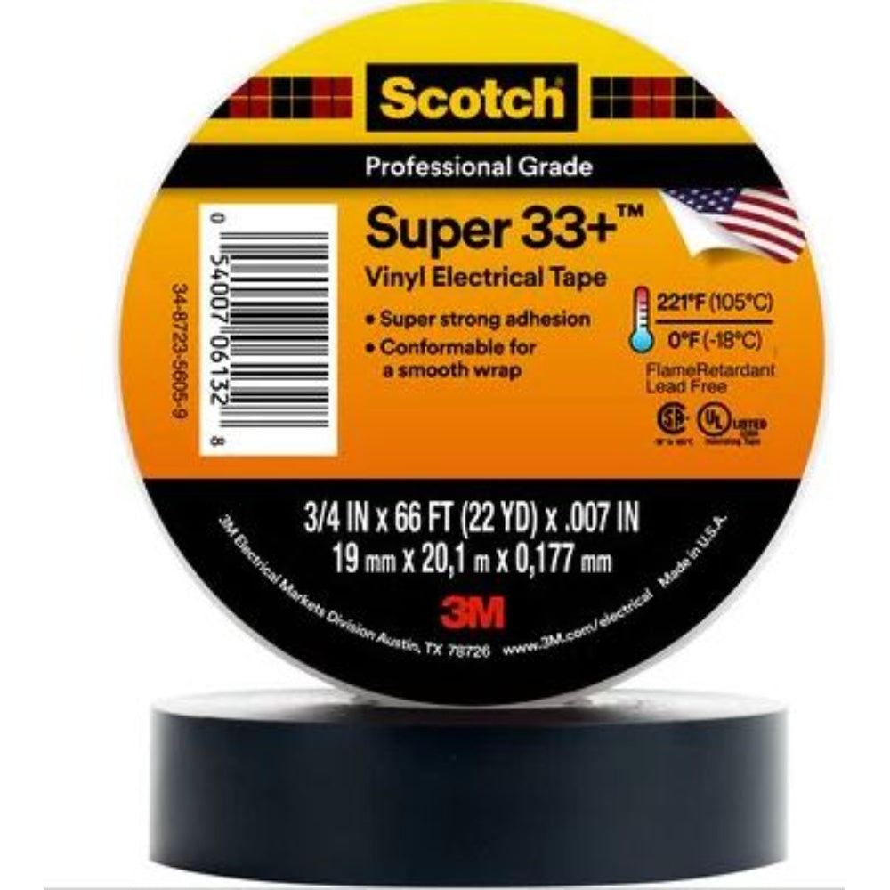 Tape, Electrical Insulating, Black,  3/41N Wide X 66Ft Lg X 0.0071N Thk, Plastic, Dielectric Strength 9800V,   3M, SUPER 33+