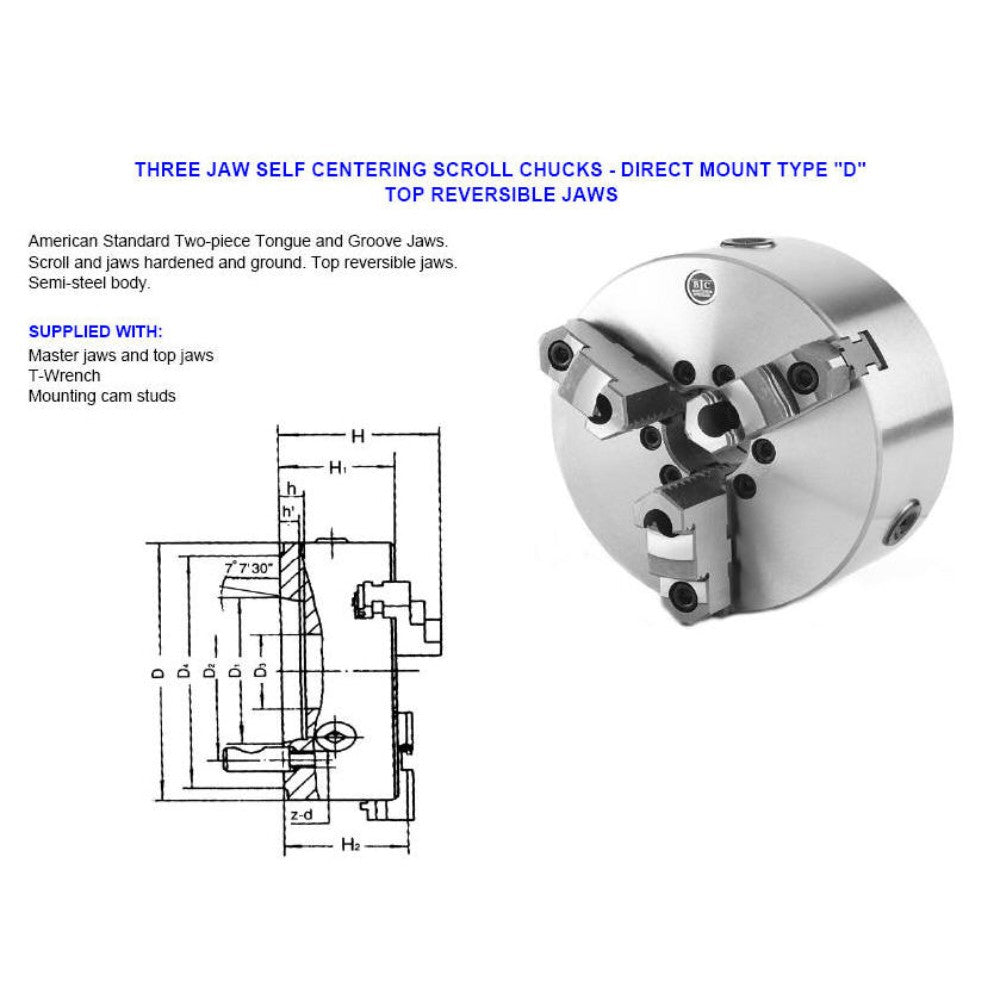 Chuck, Centering, Lathe, Semi-Steel Body, 3 Jaws, D1-8, 12 Inches 6123D8