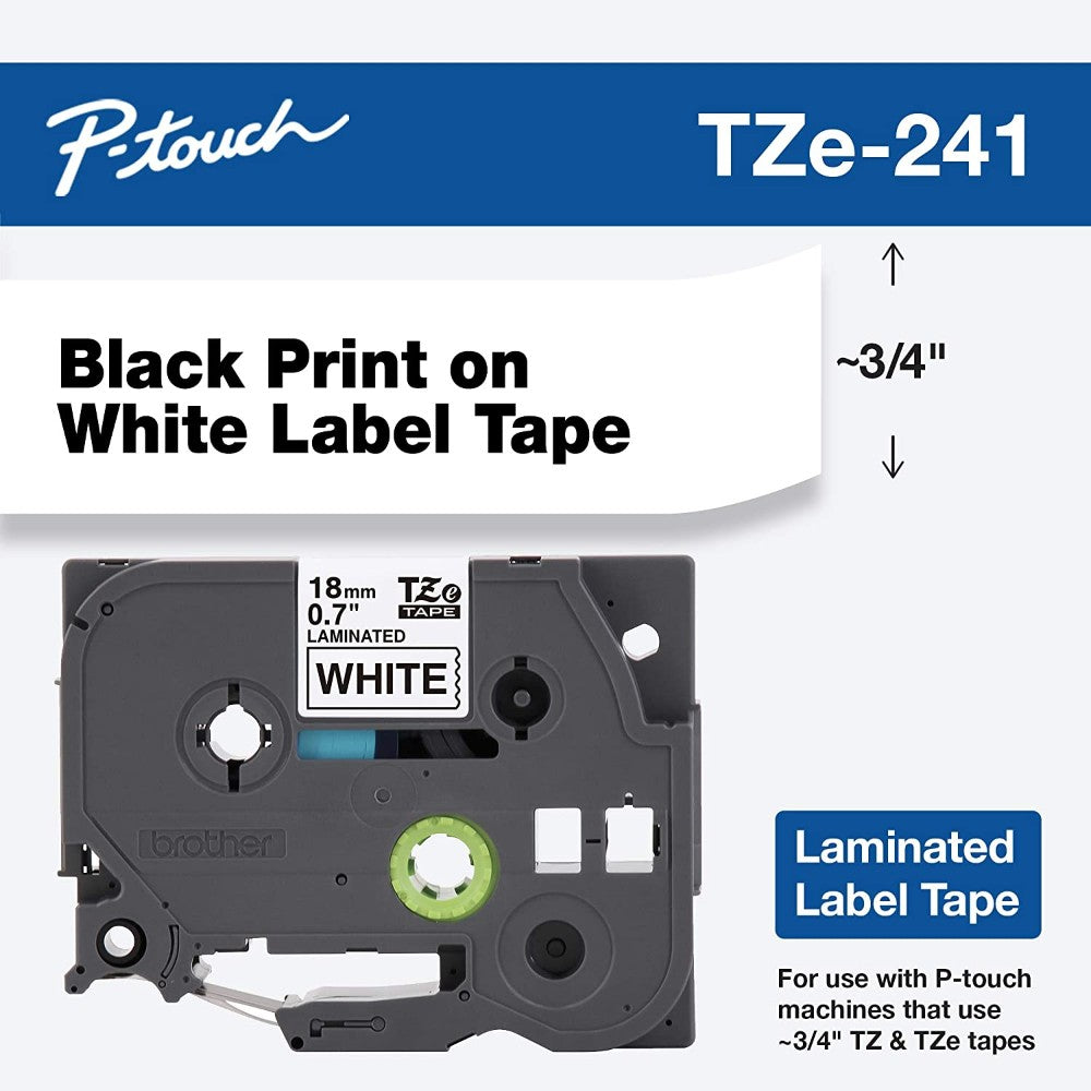 P-Touch Labeling Tape Size: 18Mm 0.7" Black Print On White Tape (Tze-241)