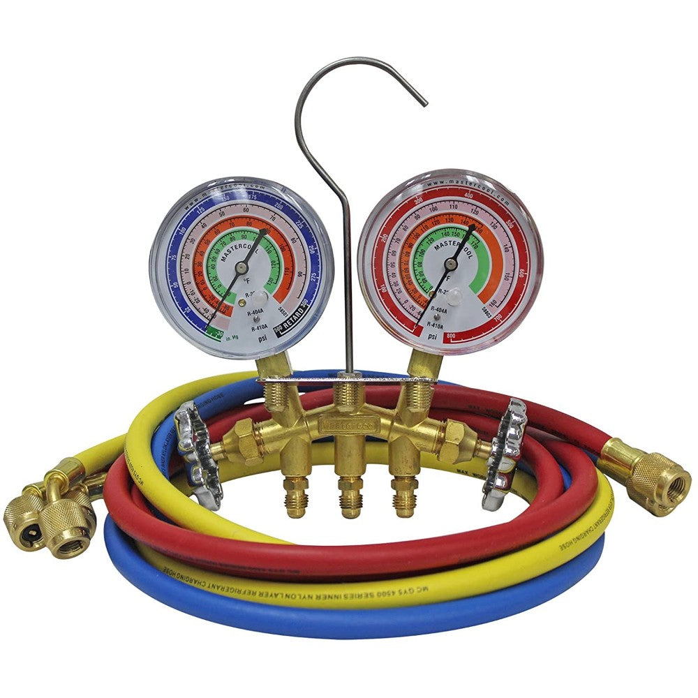 Mastercool 59161 Brass R410A, R22, R404A 2-Way Manifold Gauge Set With 3-
1/8 Inch Gauges, 3-60Inch Hoses And Standard 1/4 Inch Fittings