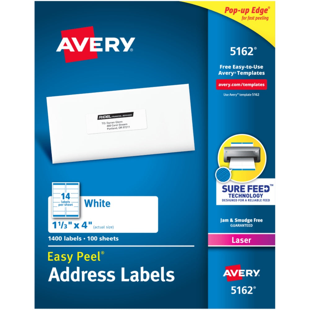 Label, Avery, White, 1.333 X 4 Inches (1 1/3" X 4"), Sheet Size: 8 1/2 In. By 11 In. ; 100 Sheets Per Box 5162